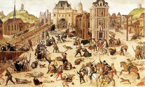 The St. Bartholomew's Day massacre of French Protestants (1572). It was the climax of the French Wars of Religion, which were brought to an end by the Edict of Nantes (1598). In 1620, persecution was renewed and continued until the French Revolution in 1789.